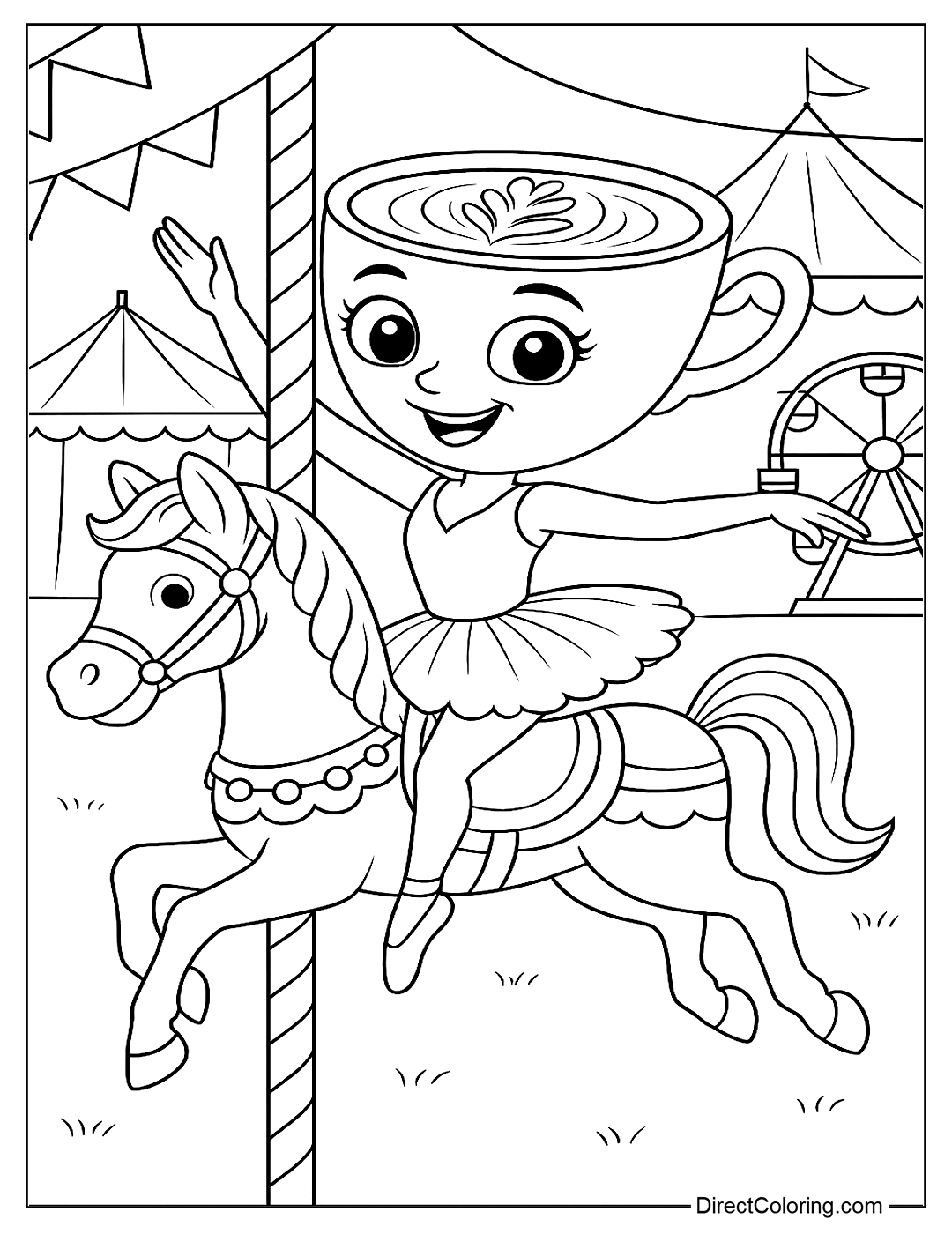 a coloring page of Cappuccina riding a wooden horse like in a fair